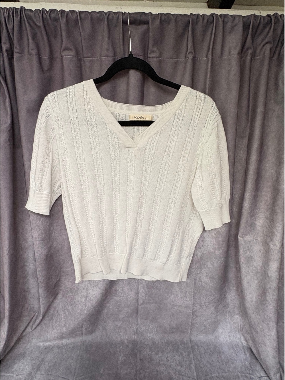 Zapelle White Cable Knit Puff Sleeve V Neck Sweater Top Women’s Large L-14